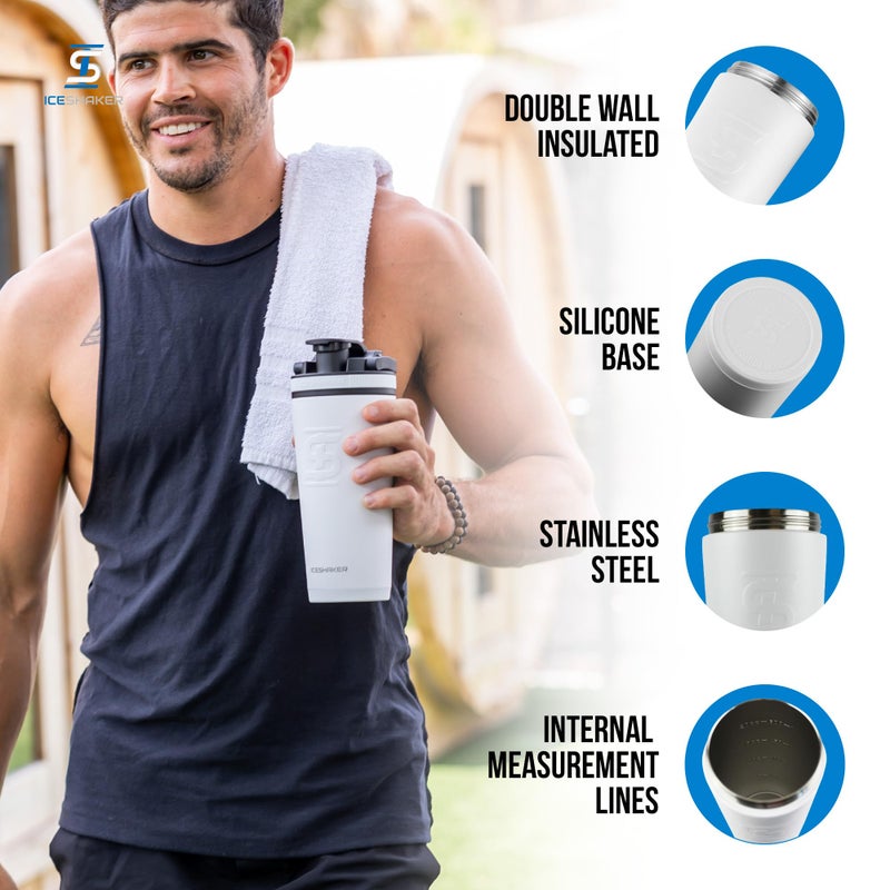 Ice Shaker Insulated Stainless Steel Shaker Bottle | 26oz, White | Cold for 30+ Hours | Insulated Cup with Twist-on Agitator | Odor-Free Bottle for Protein Shakes, Water, Smoothies, Cocktails - Image 2